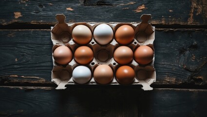 Canvas Print - Minimalist still life of assorted chicken eggs in a cardboard carton on a dark vintage wooden background with selective focus.