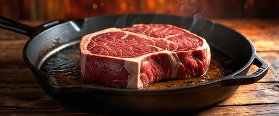 Poster - Raw ribeye steak sizzling in cast iron pan with smoky background on wooden table showcasing cooking preparation and gourmet cuisine atmosphere.