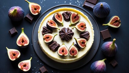 Canvas Print - Cheesecake adorned with fresh figs and chocolate served on a dark table. Delicious dessert captured from a top-down perspective.