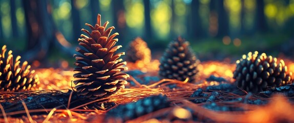 Wall Mural - pinecones on forest floor with sunlight filtering through trees creating a warm glow and highlightin