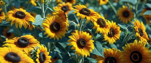 Wall Mural - Vibrant cluster of Black-Eyed Susan sunflowers basking in sunlight with rich yellow petals and dark centers showcasing summer beauty