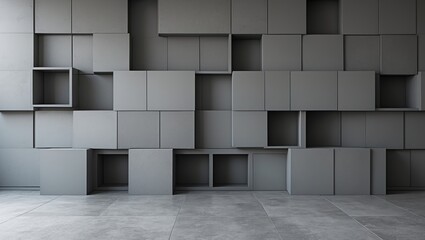 Poster - Gray abstract wall design with three-dimensional square boxes of varying size and depth on a concrete floor.