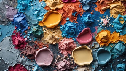 Wall Mural - Colorful texture of paint splashes and blobs on textured surface in various shades of blue, pink, yellow, and earthy tones