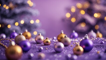 Canvas Print - Festive blurred background with violet and golden Christmas ornaments creating a vibrant holiday atmosphere for seasonal celebrations.