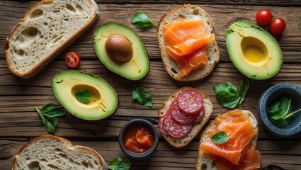 Wall Mural - Avocado Toast with Smoked Salmon and Salami on Rustic Wooden Table Perfect for Lunch or Summer Picnic Antipasto Gathering