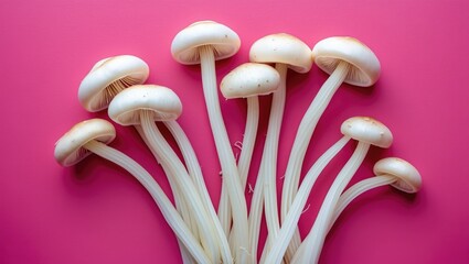 Wall Mural - Fresh white mushrooms on pink background arranged in a cluster highlighting their texture and shape in a minimalistic design.