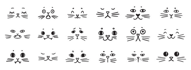 Naklejka na meble cute funny cat faces doodle hand drawn icon set. Outline drawing cats emotions different mood happy or sad line clipart symbol collection