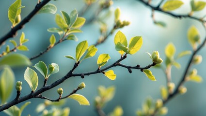 Wall Mural - Delicate green leaves and buds on branches symbolize the awakening of nature in spring, highlighting fresh growth and renewal.