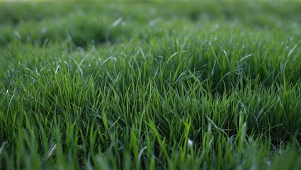 Wall Mural - close-up view of lush green grass blades with varying heights and textures in well-maintained natura