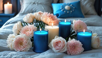 Wall Mural - Elegant bedroom decor featuring blue and cream aroma candles surrounded by soft pink flowers for a serene ambiance.