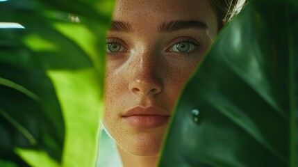 Aufkleber - A young woman with striking blue eyes and freckles gazes thoughtfully through lush green leaves, immersed in a tranquil outdoor environment illuminated by soft sunlight