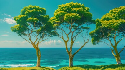 Wall Mural - three lush green trees overlooking a serene turquoise ocean under a clear blue sky with scattered cl