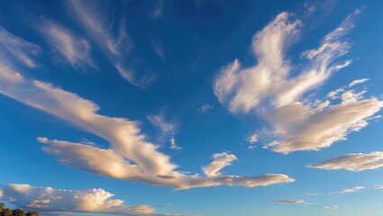 Wall Mural - blue sky with scattered white clouds in a panoramic view during sunset hours. natural atmospheric sc