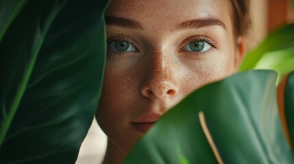 Aufkleber - Close-up view of a young woman with striking blue eyes and freckles, gently gazing through a curtain of vibrant green leaves, capturing an essence of serenity and connection with nature