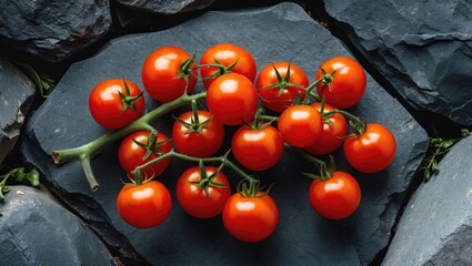 Wall Mural - Fresh cherry tomatoes arranged on a dark stone background showcasing their vibrant color and natural texture.