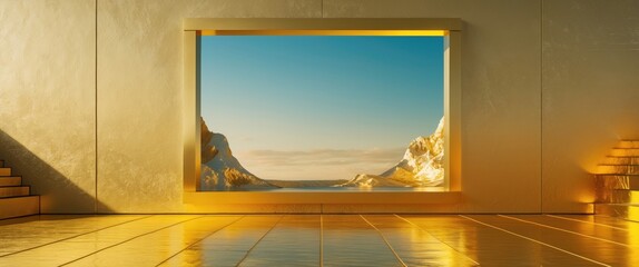 Wall Mural - Golden interior space with large window revealing a serene landscape under a clear blue sky and reflecting golden floor textures.