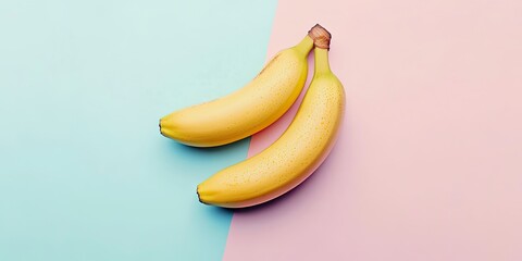 Poster - Minimalist flat lay of two vibrant yellow bananas positioned diagonally on a soft pastel blue and pink background emphasizing a fresh vegan diet concept