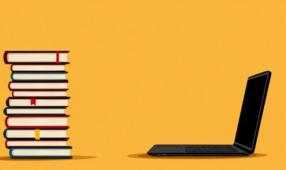 Stack of books vs. a laptop on yellow background, online education concept.