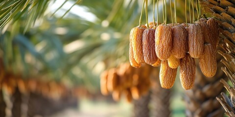 Poster - Ripe dates hanging in clusters from palm trees in soft sunlight with lush green foliage in the background showcasing a tropical setting.