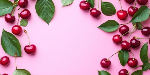 Poster - Vibrant red cherries and lush green leaves arranged on a soft pink background creating ample copy space ideal for fresh fruit promotions