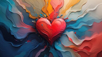 Aufkleber - Vibrant abstract colorful heart design with dynamic swirls and textures representing love and emotion on a soft background.