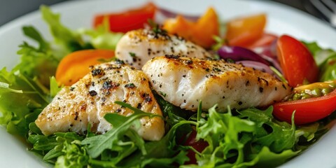 Aufkleber - Grilled fish fillets on a bed of fresh greens with cherry tomatoes and colorful bell peppers against a light bowl background.
