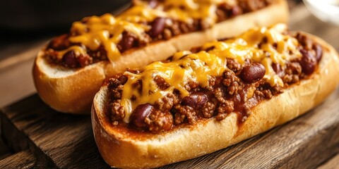 Aufkleber - Hearty chili topped with melted cheddar cheese served on golden toasted bread, featuring rich ground beef and red beans, situated on rustic wood background.