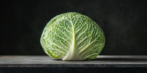 Poster - Fresh young cabbage displayed prominently on a rustic wooden board against a dark background, showcasing vibrant green color and intricate leaf patterns.