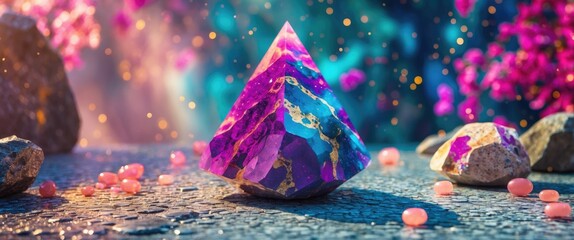 Poster - Vibrant crystal pyramid on textured stone surface surrounded by colorful petals and glowing bokeh, creating a captivating natural scene.