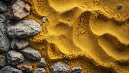 Poster - Vibrant yellow sand texture mixed with stones creating a unique ground surface ideal for design and artistic projects.