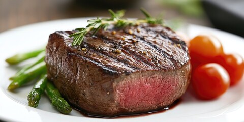 Poster - Grilled beef tenderloin steak on a white plate with green asparagus and cherry tomatoes garnished with herbs featuring rich brown and vibrant red colors