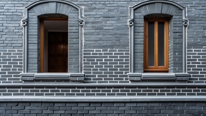 Poster - Architectural detail of gray brick wall featuring wooden window frames and intricate jointing in a contemporary urban setting.