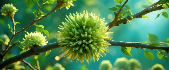 Poster - Lush green inflorescence on a branch with sunlight background showcasing nature's beauty and intricate floral structures in a serene setting.