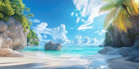Aufkleber - Tropical beach scene with golden sand and turquoise water, vibrant green foliage to the left, majestic clouds and a bright blue sky above.