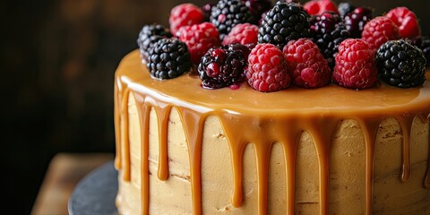Poster - Caramel cake topped with fresh blackberries and raspberries drizzled with caramel sauce on a dark wooden background. Rich, indulgent dessert.