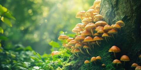 Fototapete - Vibrant clusters of orange mushrooms on a mossy tree trunk illuminated by soft sunlight, surrounded by lush green foliage in a serene forest setting