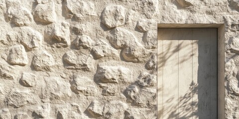 Leinwandbilder - Textured roughcast wall in soft beige hues, featuring irregular stone patterns and a minimalistic light-colored wooden door on the right side.