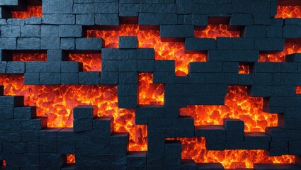 Poster - Abstract fiery lava background with textured black stone wall creating a dramatic and intense visual effect for creative projects.
