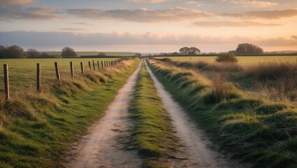 Wall Mural - rural dirt road through green fields with fences under a dramatic sky during sunrise or sunset evoki