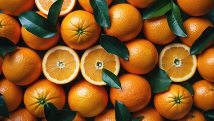 Wall Mural - Fresh oranges with green leaves arranged on a surface including whole and halved fruits showcasing their vibrant color and texture.