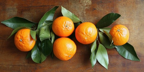 Poster - Fresh mandarins arranged with vibrant green leaves on a rustic wooden table, showcasing bright orange fruit highlighting natural textures.