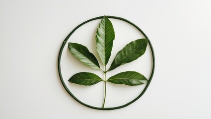 Poster - Circular arrangement of green leaves creatively displayed on a white background showcasing nature's simplicity and elegance.