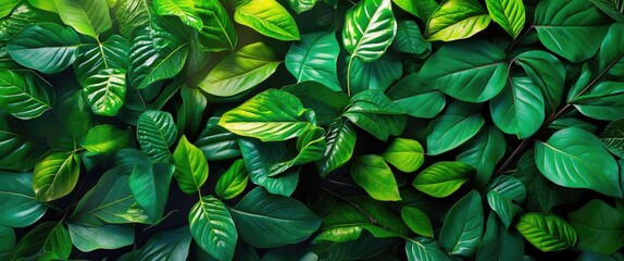 Poster - Lush green foliage texture featuring various leaf shapes and shades for a natural and vibrant background design.