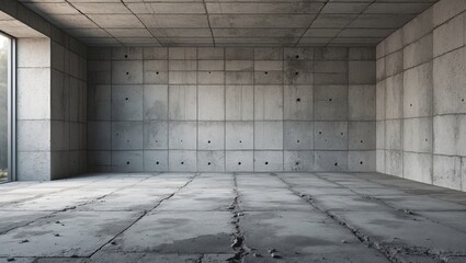Poster - Concrete interior space with empty gray walls and floor showcasing modern minimalist design for background or architectural use