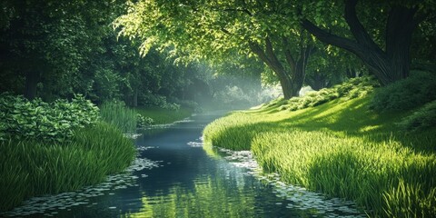 Poster - Serene canal lined with lush green grass and vibrant foliage, reflecting natural beauty under soft sunlight, creating a tranquil outdoor landscape.