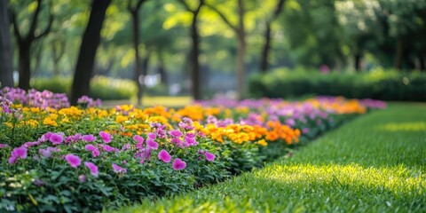 Leinwandbilder - Lush garden scene with vibrant pink and orange flowers in foreground against a lush green lawn, surrounded by trees in soft sunlight.