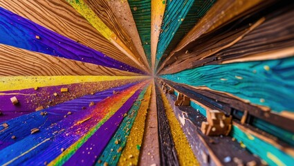 Poster - Colorful radial wooden texture background showcasing vibrant paint splashes and natural wood grain details for design and artistic concepts.