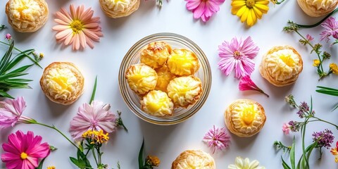 Poster - Delightful pastry treats arranged in a circular glass bowl surrounded by colorful flowers on a white background creating a vibrant spring atmosphere