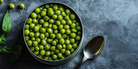 Poster - Open tin can filled with vibrant green peas next to a silver spoon on a textured gray background, highlighting freshness and quality of food.
