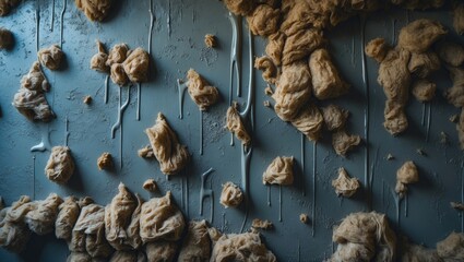 Poster - Textured wall featuring gray and brown dirty insulation material with dripping elements, creating a unique industrial aesthetic.
